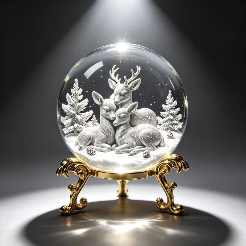 Forest Animal Crystal Ball Ornament – 3D Deer Glass Decoration with Golden Carved Base