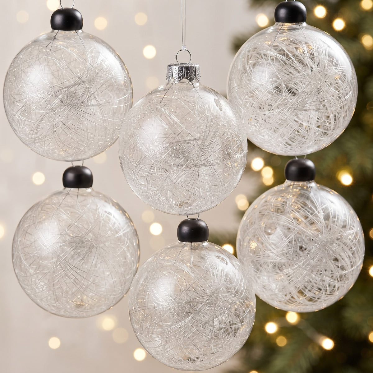 Set of 6 Glass Christmas Ball Ornaments – White Glitter Hanging Tree Decorations