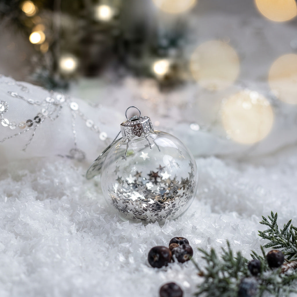 Set of 6 Glass Christmas Ball Ornaments – White Glitter Hanging Tree Decorations