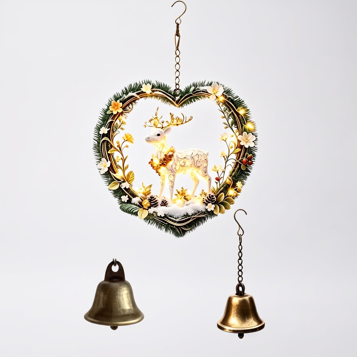 Heart-Shaped Christmas Reindeer Wreath – Vintage Hanging Wind Chime & Holiday Outdoor Decoration
