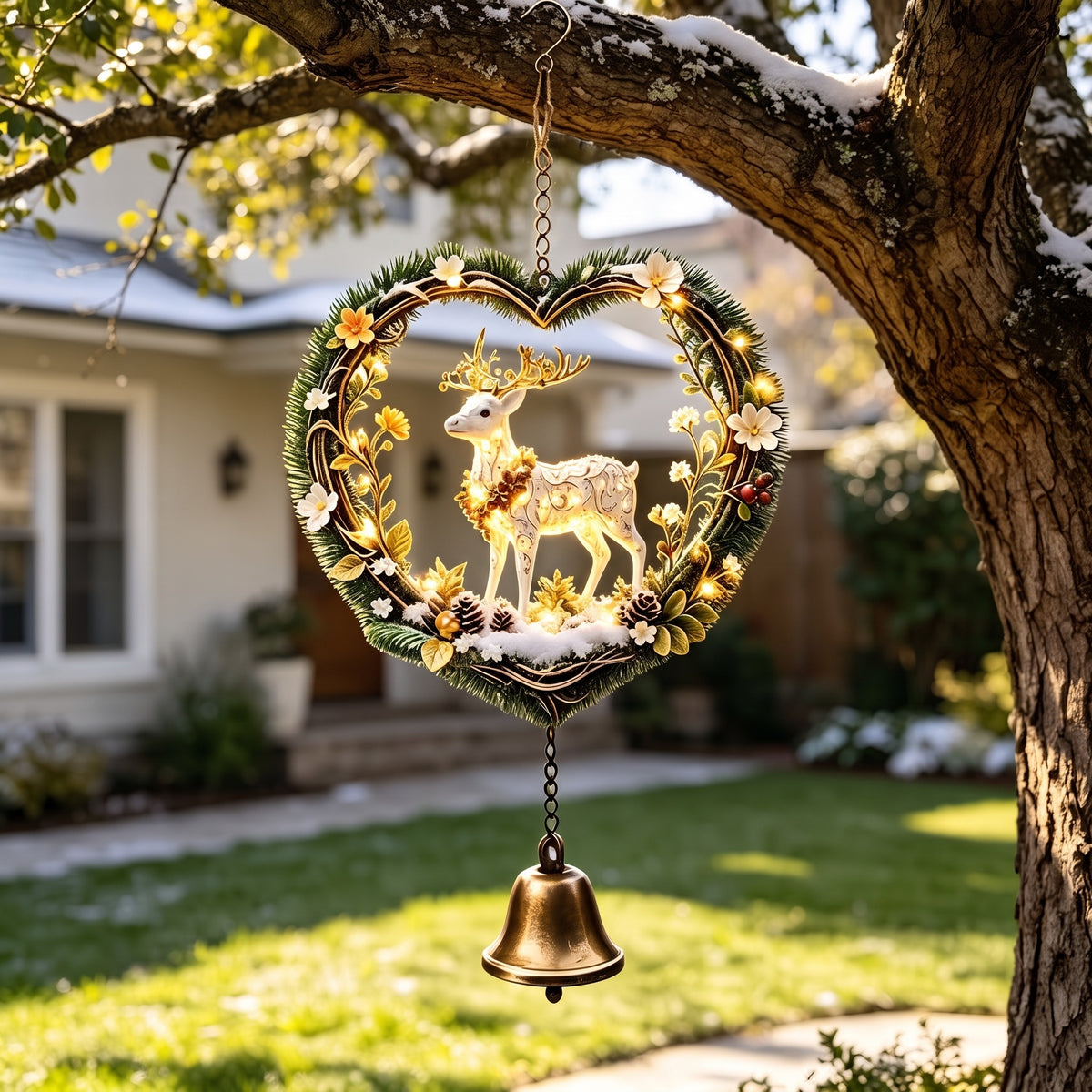 Heart-Shaped Christmas Reindeer Wreath – Vintage Hanging Wind Chime & Holiday Outdoor Decoration