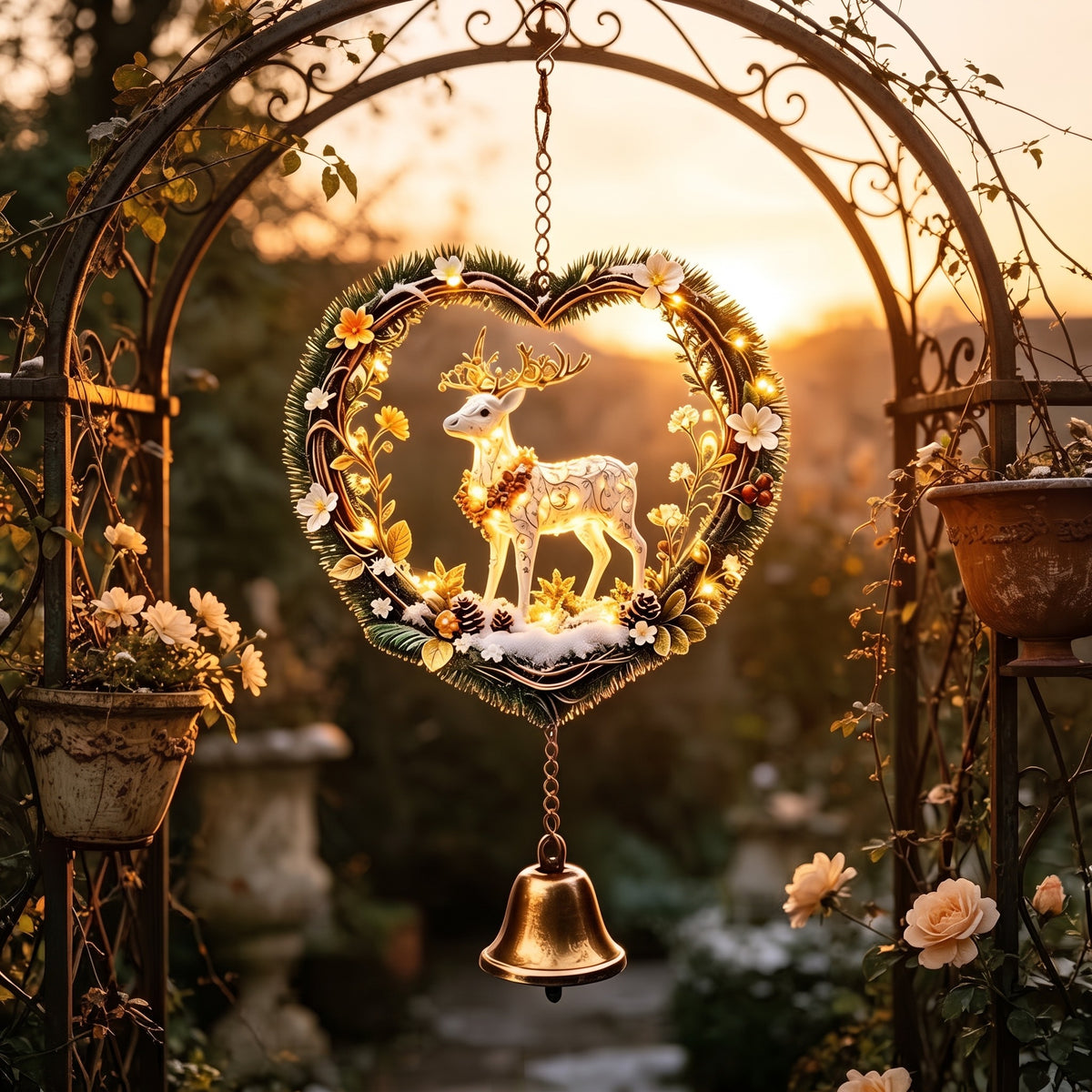 Heart-Shaped Christmas Reindeer Wreath – Vintage Hanging Wind Chime & Holiday Outdoor Decoration