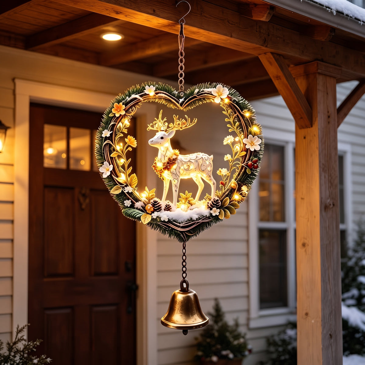 Heart-Shaped Christmas Reindeer Wreath – Vintage Hanging Wind Chime & Holiday Outdoor Decoration