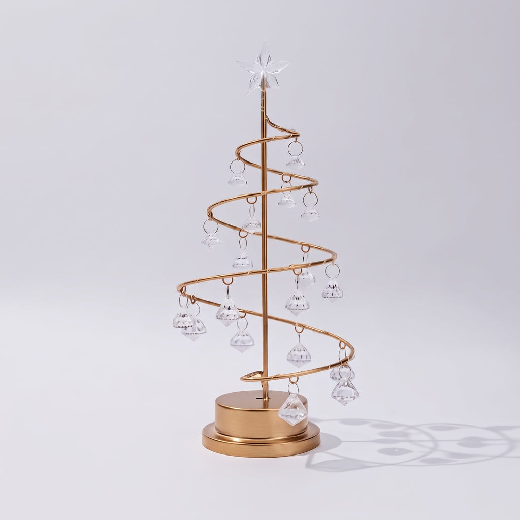 Mini Christmas Tree Lamp – Golden Spiral Tabletop LED Light with Star Topper & Crystal Pendant