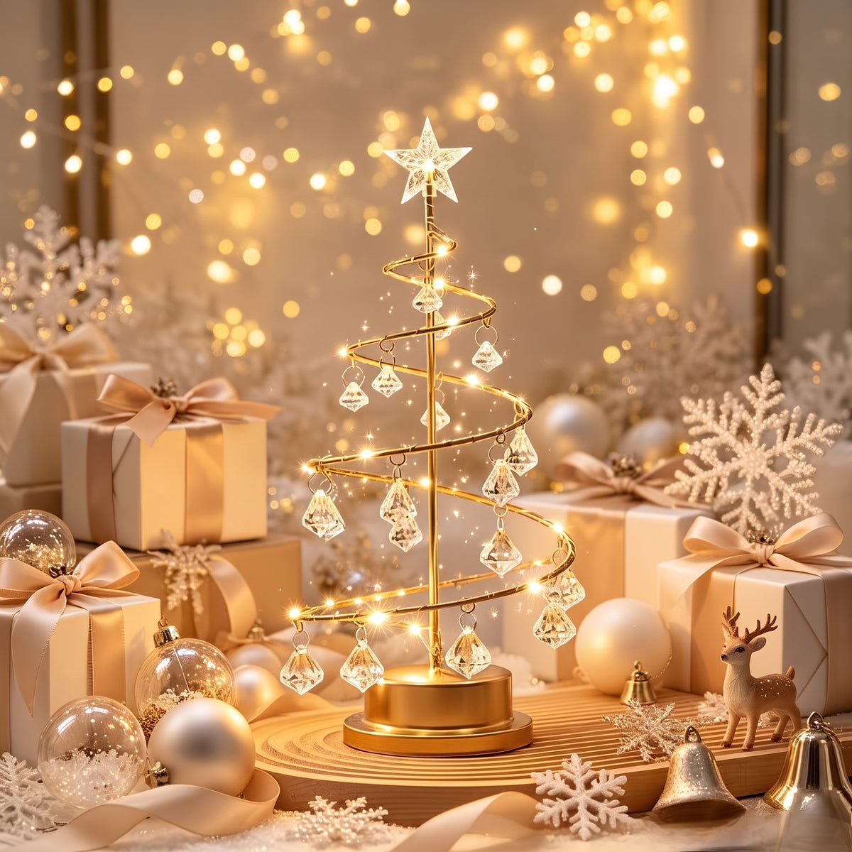 Mini Christmas Tree Lamp – Golden Spiral Tabletop LED Light with Star Topper & Crystal Pendant