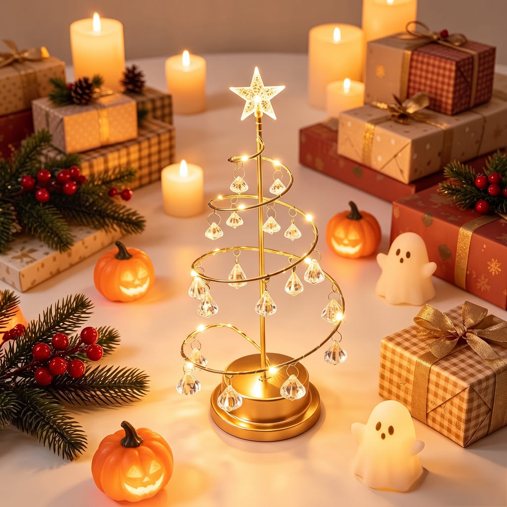 Mini Christmas Tree Lamp – Golden Spiral Tabletop LED Light with Star Topper & Crystal Pendant