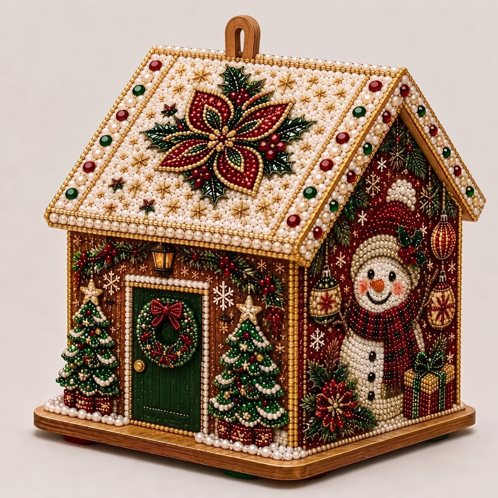 Christmas House Diamond Painting Ornament – Pearl Bead Holiday Craft & Tree Hanging Decoration