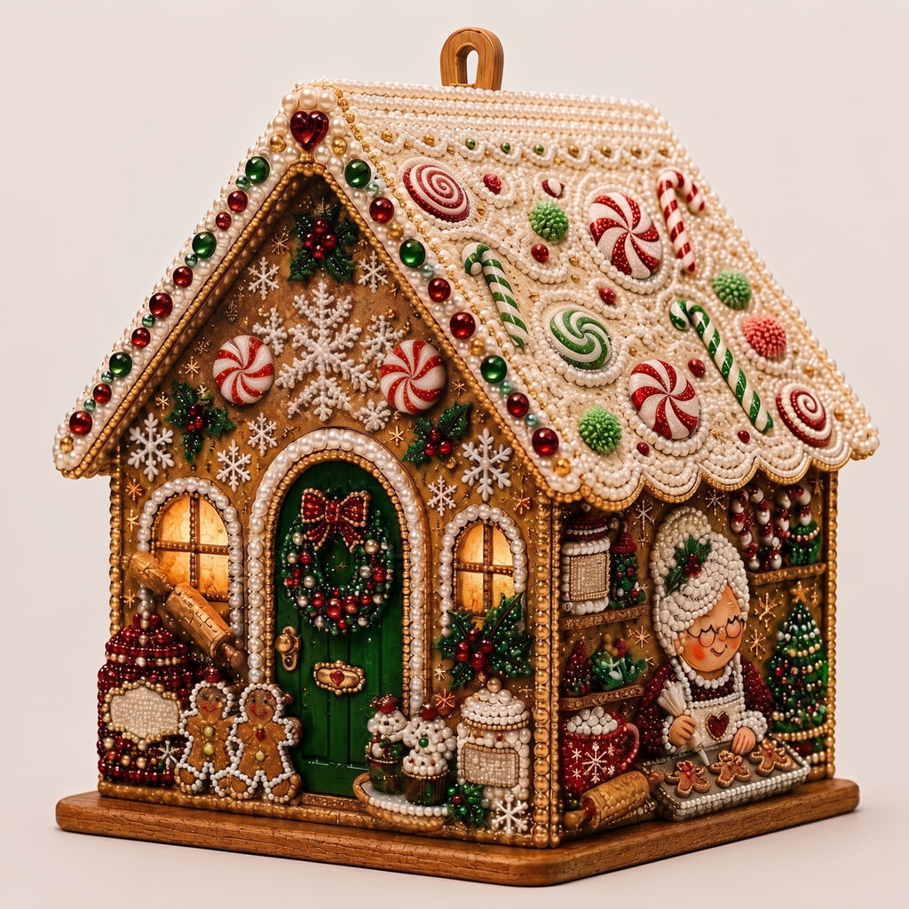 Christmas House Diamond Painting Ornament – Pearl Bead Holiday Craft & Tree Hanging Decoration