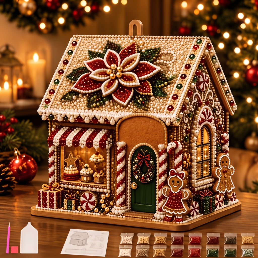 Christmas House Diamond Painting Ornament – Pearl Bead Holiday Craft & Tree Hanging Decoration