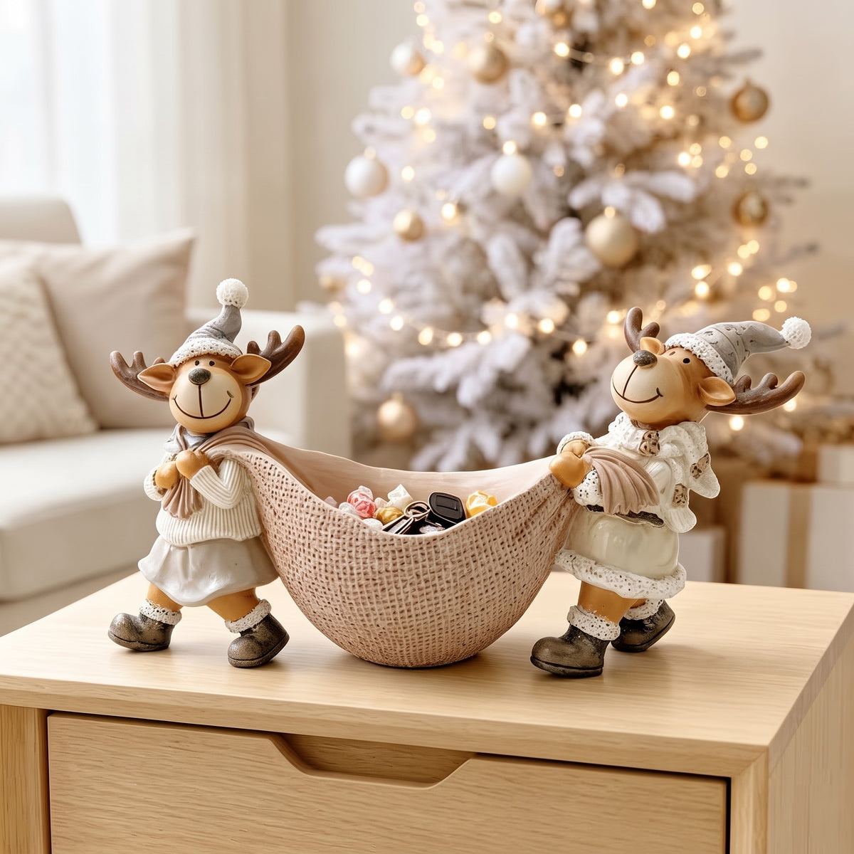 Christmas Reindeer Storage Basket – Resin Couple Reindeer Tabletop Decoration & Holiday Candy Bowl