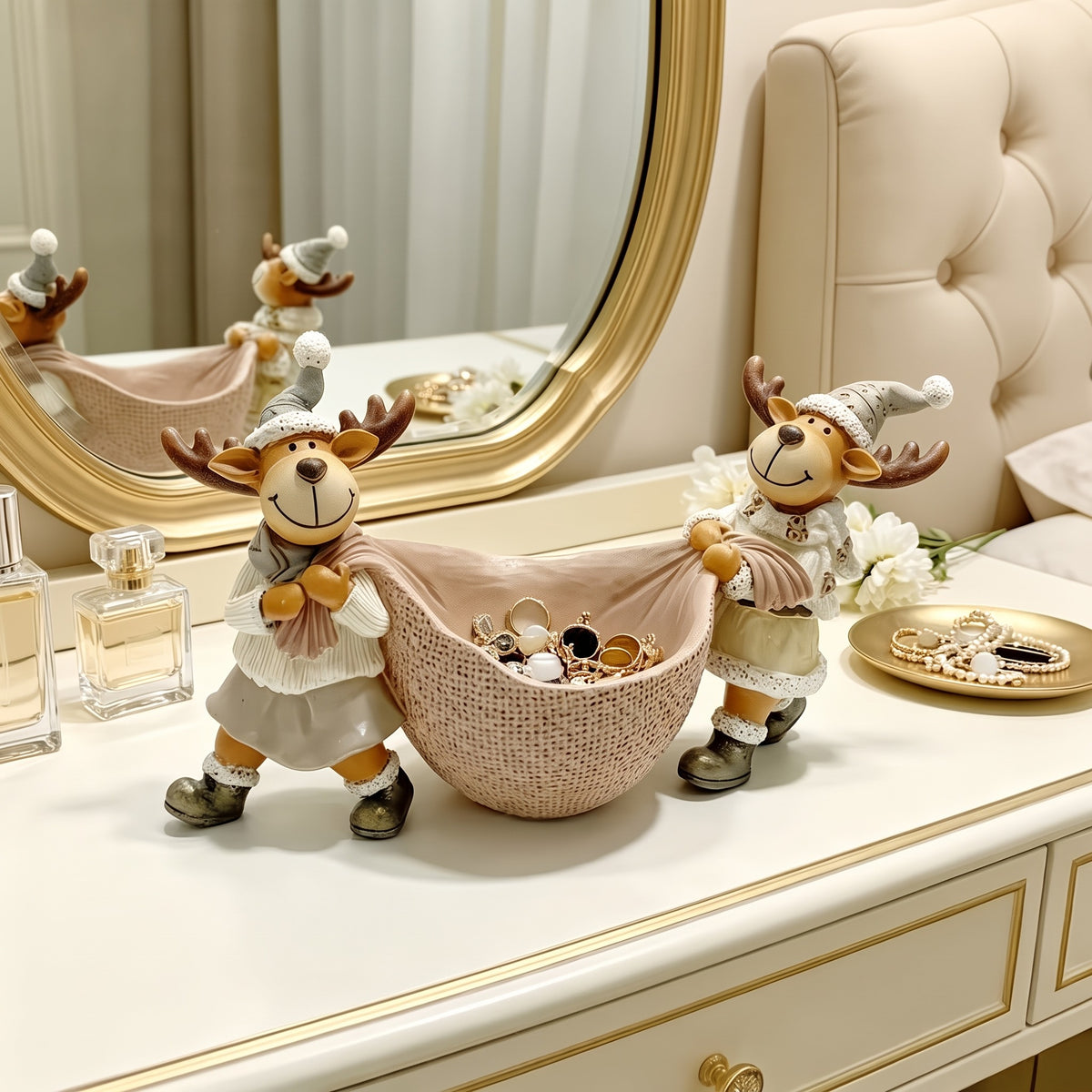 Christmas Reindeer Storage Basket – Resin Couple Reindeer Tabletop Decoration & Holiday Candy Bowl