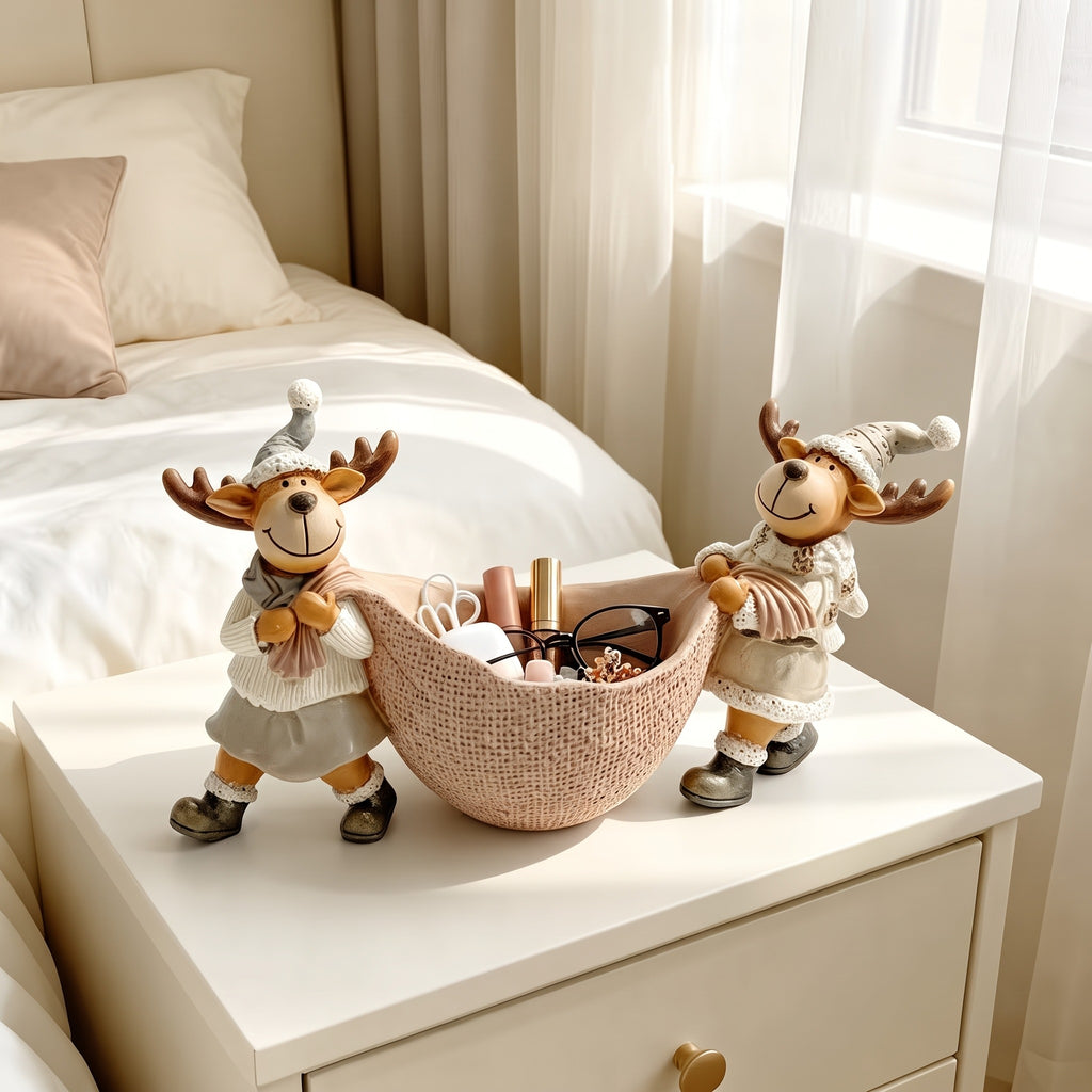 Christmas Reindeer Storage Basket – Resin Couple Reindeer Tabletop Decoration & Holiday Candy Bowl