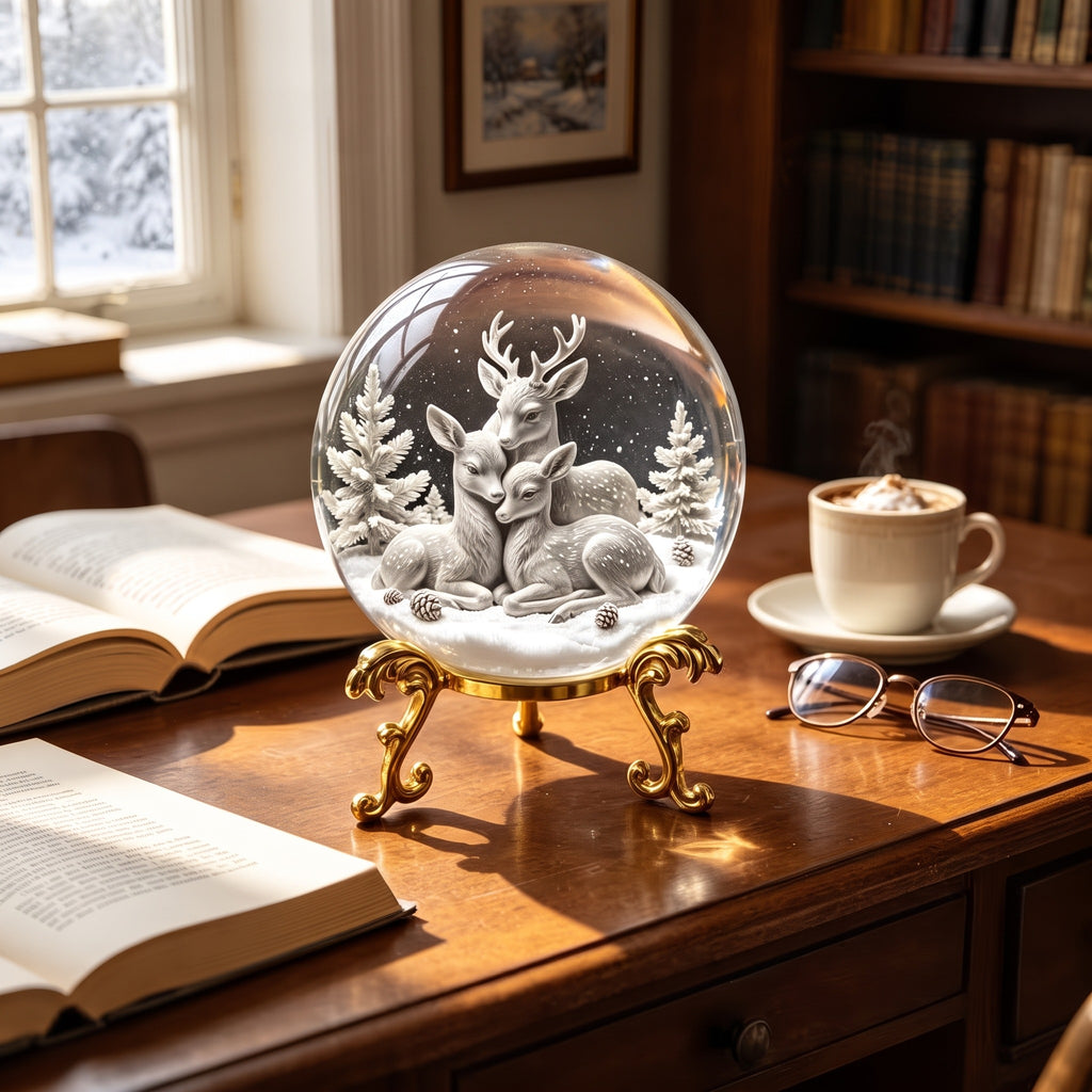Forest Animal Crystal Ball Ornament – 3D Deer Glass Decoration with Golden Carved Base