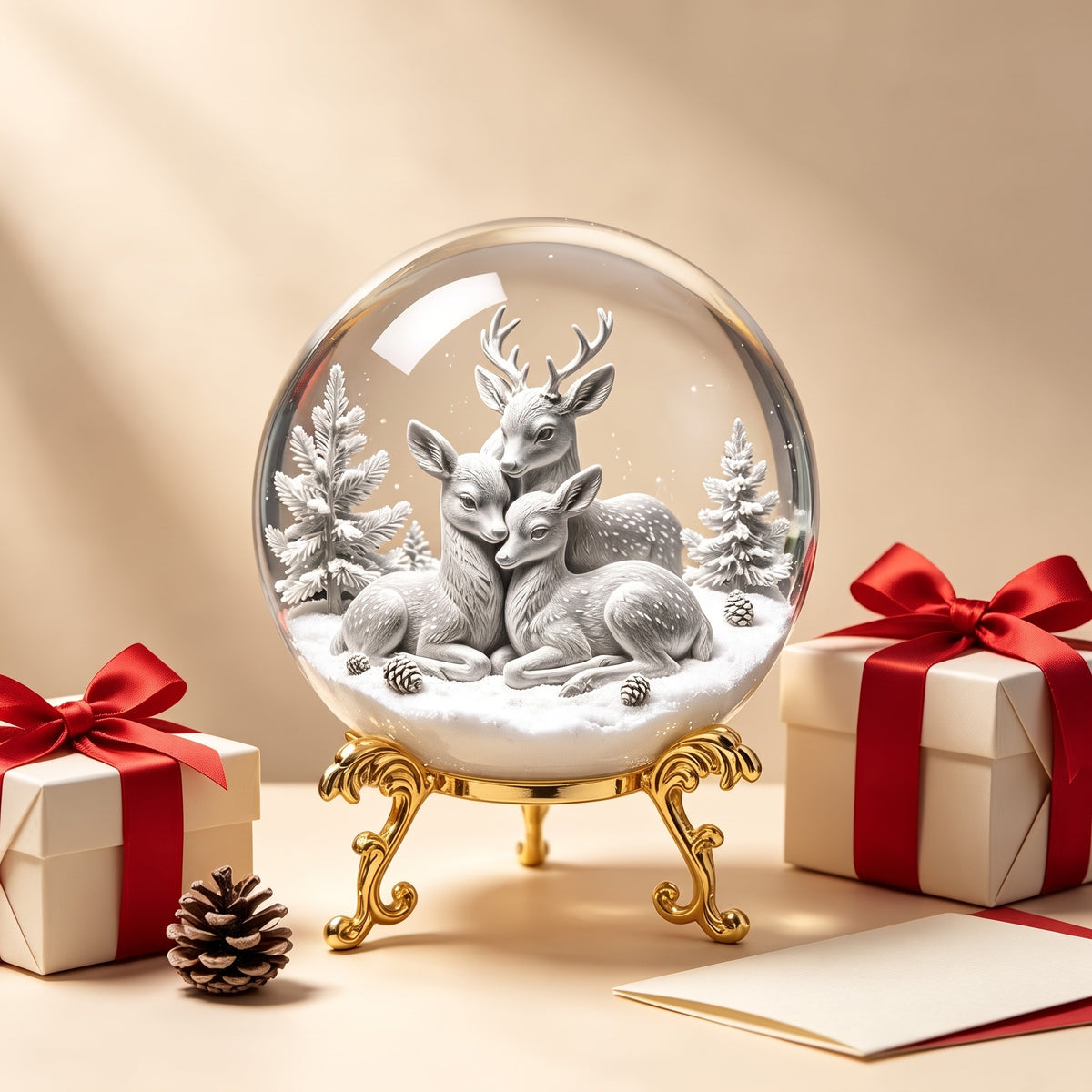 Forest Animal Crystal Ball Ornament – 3D Deer Glass Decoration with Golden Carved Base