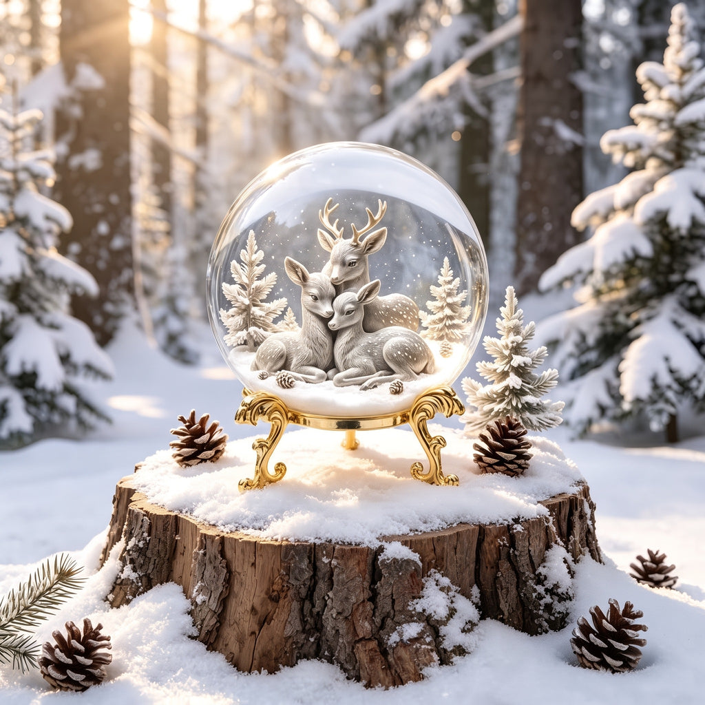 Forest Animal Crystal Ball Ornament – 3D Deer Glass Decoration with Golden Carved Base