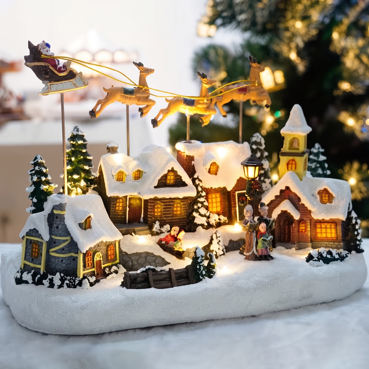 Glowing Christmas Music House Ornament – Flying Reindeer Resin Holiday Table Centerpiece