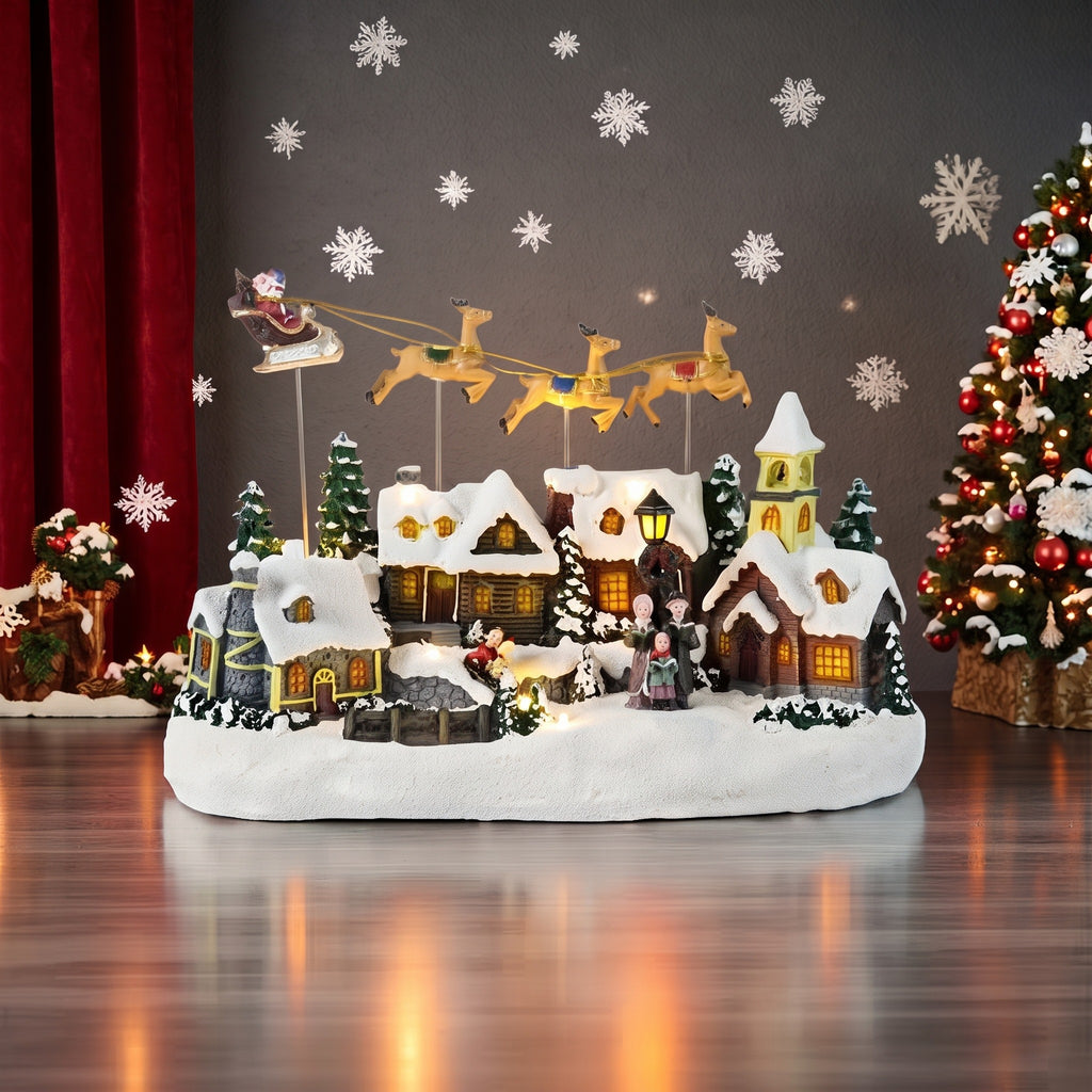 Glowing Christmas Music House Ornament – Flying Reindeer Resin Holiday Table Centerpiece