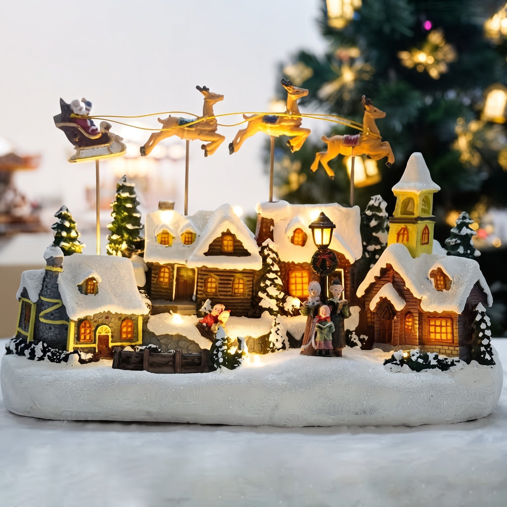 Glowing Christmas Music House Ornament – Flying Reindeer Resin Holiday Table Centerpiece