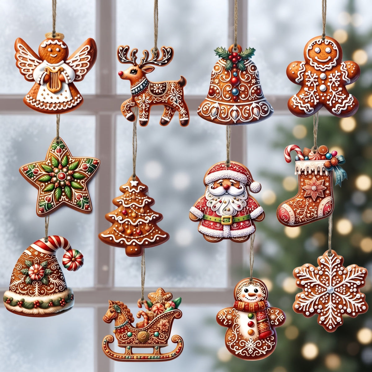 Set of 24 Wooden Christmas Ornaments – Handmade Santa Claus & Gingerbread Man Holiday Decorations