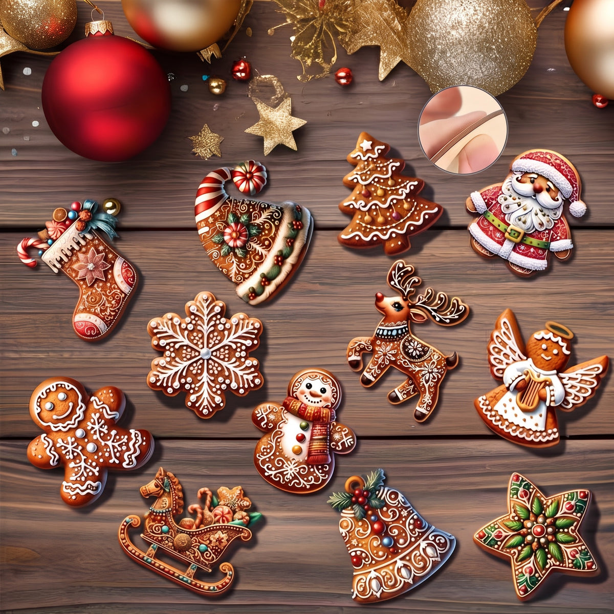 Set of 24 Wooden Christmas Ornaments – Handmade Santa Claus & Gingerbread Man Holiday Decorations