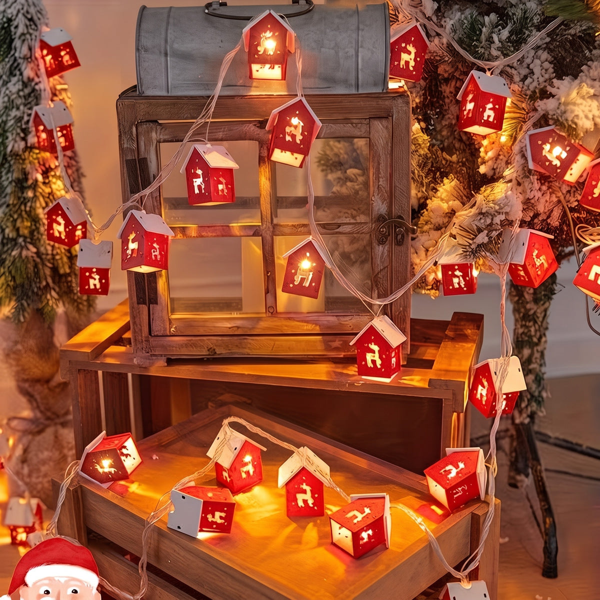 Christmas Red House String Lights – 10 LED Reindeer & House Fairy Lights for Holiday Décor