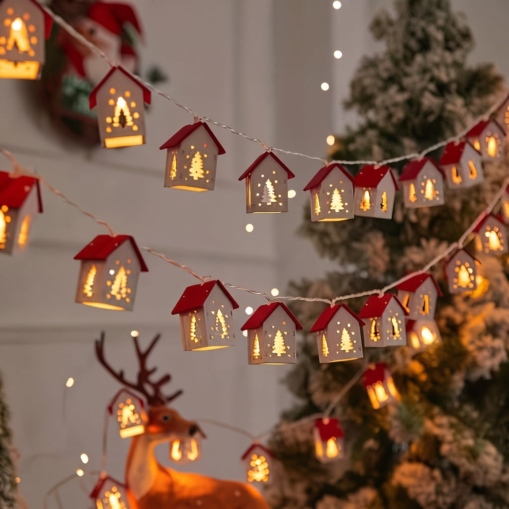Christmas Red House String Lights – 10 LED Reindeer & House Fairy Lights for Holiday Décor
