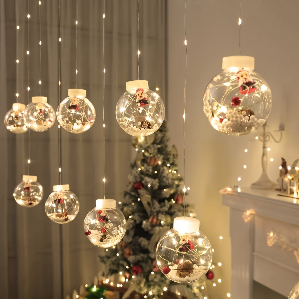LED Christmas Curtain Lights with Snowman & Wishing Ball Decorations – USB Powered Yellow Holiday Lights