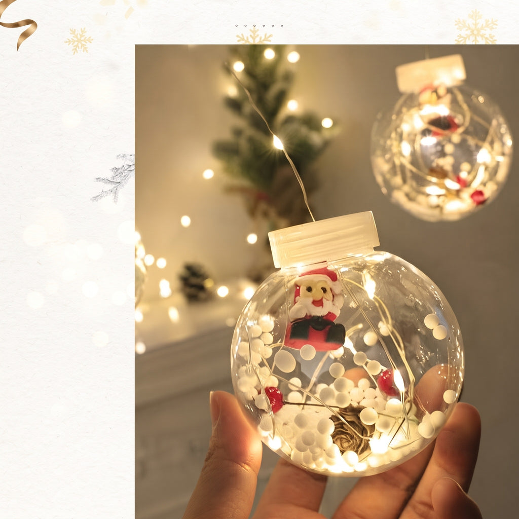 LED Christmas Curtain Lights with Snowman & Wishing Ball Decorations – USB Powered Yellow Holiday Lights