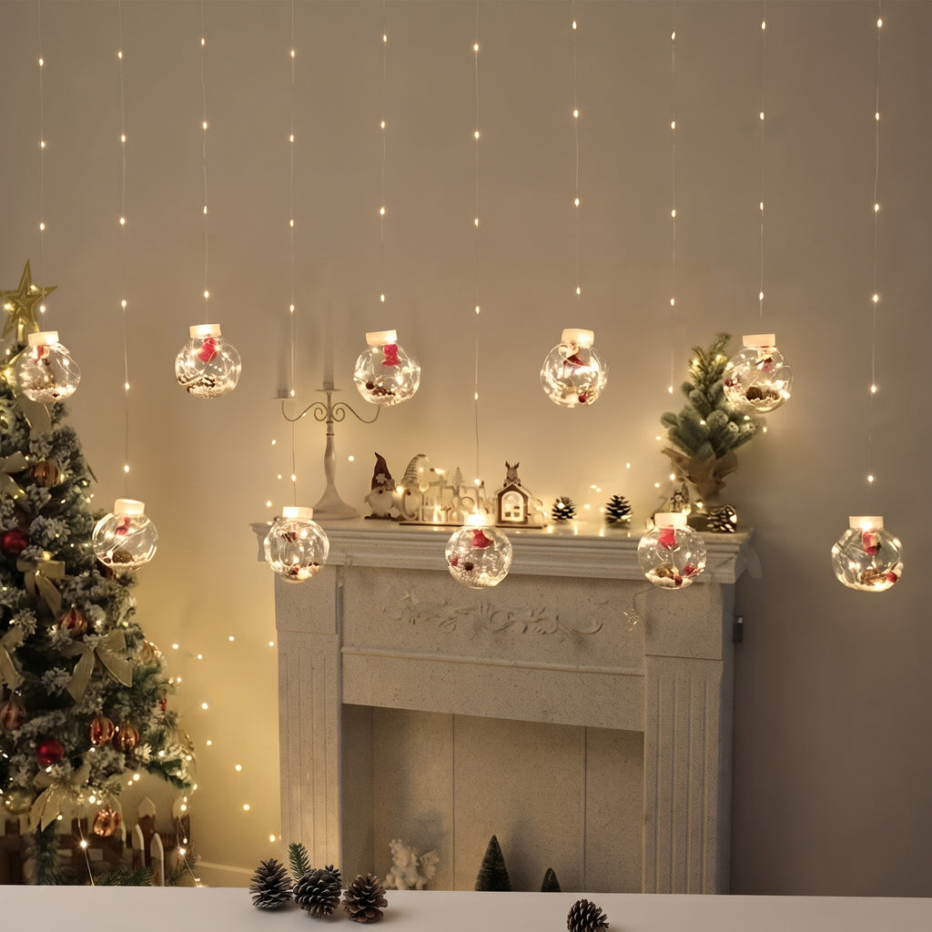 LED Christmas Curtain Lights with Snowman & Wishing Ball Decorations – USB Powered Yellow Holiday Lights