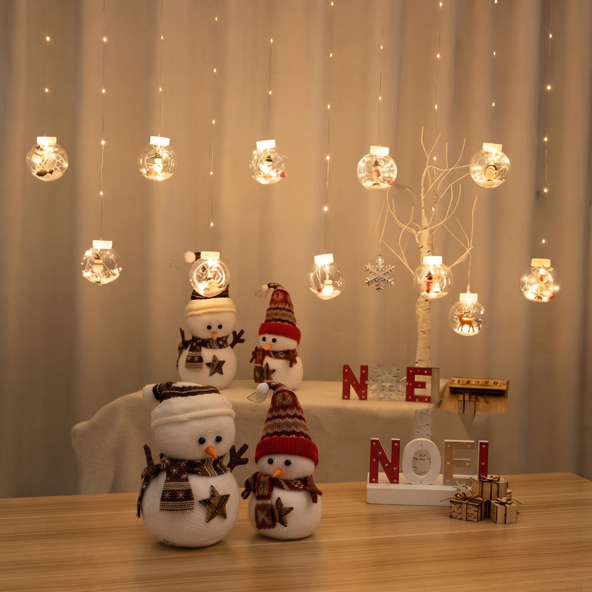 LED Christmas Curtain Lights with Snowman & Wishing Ball Decorations – USB Powered Yellow Holiday Lights